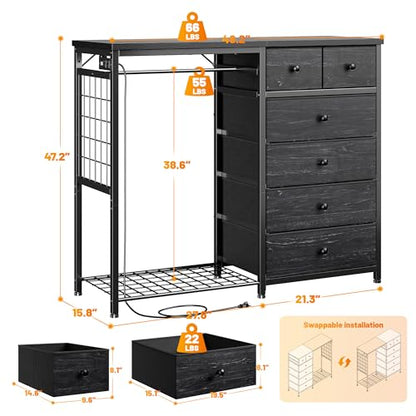 EnHomee 125cm W 드레서, 걸이용 랙 및 서랍 6개, 그리드 패널 및 후크 4개 포함 | LED 조명 및 충전 스테이션, 침실용 나무 상단 정리 유닛, 스틸 프레임이 있는 서랍장, 블랙 - color: 블랙.