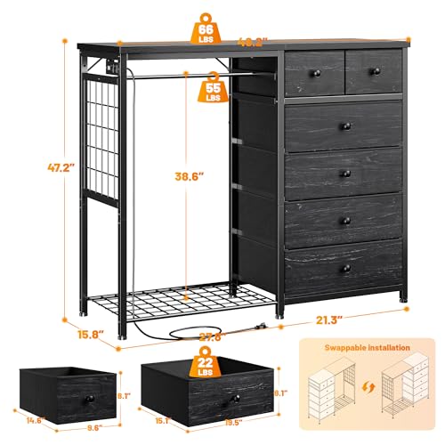 EnHomee 125cm W 드레서, 걸이용 랙 및 서랍 6개, 그리드 패널 및 후크 4개 포함 | LED 조명 및 충전 스테이션, 침실용 나무 상단 정리 유닛, 스틸 프레임이 있는 서랍장, 블랙 - color: 블랙.