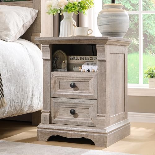Nightstand Set of 2, 18" Wood Side Table with Charging Station Roman Column | End Table, Bedside Cabinet for Bedroom, Living Room, Light Rustic Oak - color: Light Rustic Oak, size: 18"D x 18"W x 24"H