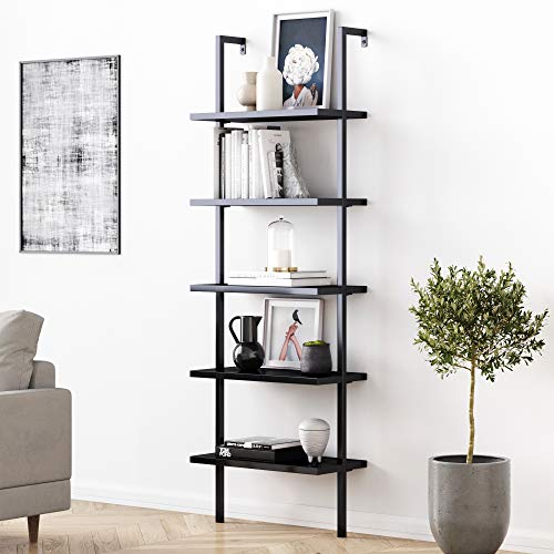 Nathan James Theo 5-Shelf Black Modern Bookcase, Open Wall Mount Ladder Bookshelf with Industrial Metal Frame - color: Theo Black, size: Set of 1