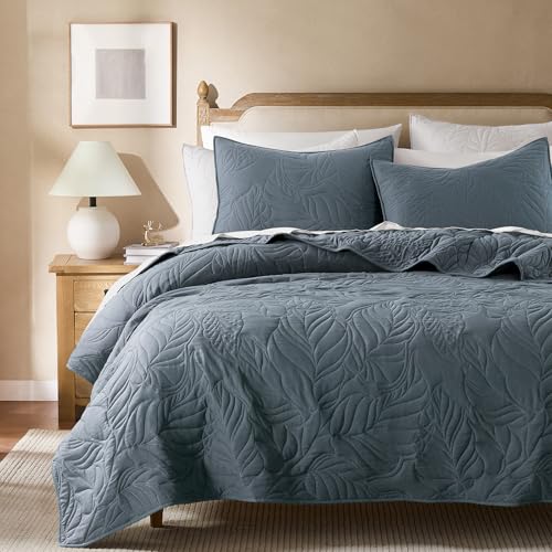 R.SHARE Dusty Blue Twin Size Quilt Set, Soft Lightweight Bedspread, Farmhouse Rustic Country Coverlet, Leaf Pattern Bedding with 1 Shams, 2 Pieces Spring Summer Thin Comforter - color: Dusty Blue, size: Twin (68"x90")