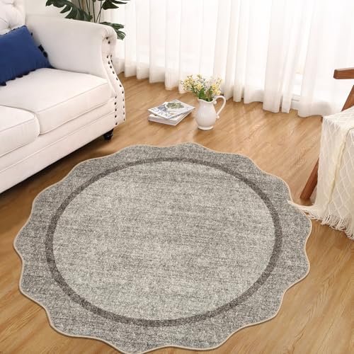 GarveeHome Scalloped Washable Small Round Rug 3 ft Non-Slip, Brown | Soft Christmas Solid Ultra-Thin Circle Low Pile Stain Resistant Carpet for Bedroom Entryway Kitchen Bathroom - color: Brown, size: 3' x 3' (Round)