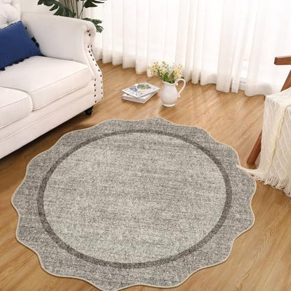 GarveeHome Scalloped Washable Small Round Rug 3 ft Non-Slip, Brown | Soft Christmas Solid Ultra-Thin Circle Low Pile Stain Resistant Carpet for Bedroom Entryway Kitchen Bathroom - color: Brown, size: 3' x 3' (Round)