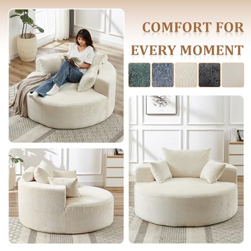 55" Oversized Round Chaise Longue Chair Indoor, Upholstered Chenille Circle Single Cloud Reading Sofa Chair Deep Seat Modern Boneless Sleeper Couch No Assembly Required, Beige - color: Beige, style: 55"Chenille