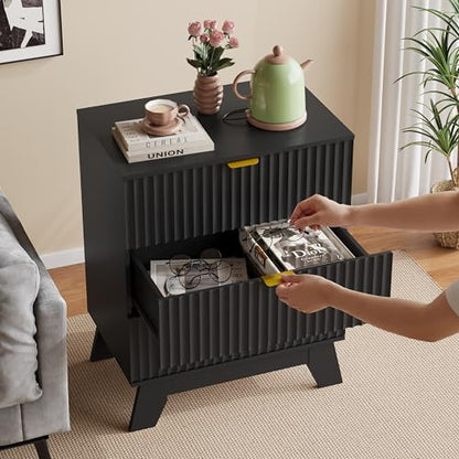 Fluted Nightstand with 3 Large Drawers, Wooden Side End Table with Elevated Legs for Easy Cleaning, Sturdy Modern Beside Table for Small Space, Bedroom, Black, 24" L - color: Black