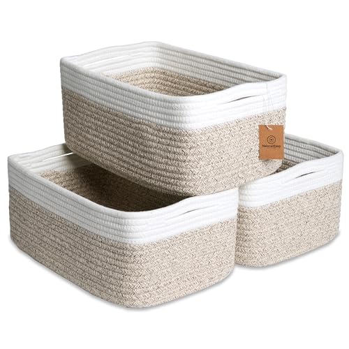 NaturalCozy 13.5”x8.5”x5.5” Storage Baskets for Shelves 3 Pack | Cotton Rope Woven Small Baskets for Organizing | Small Storage Bins for Nursery, Bathroom, Closet, Cube Shelf, Decorative, Gift - color: Off White & Mixed Brown, size: 13.5" x 8.5" x 5.5"