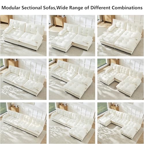 Deep Loveseat Couch with Ottomans,Modular Sectional 2 Seater Cloud Sofa with Ottoman,Tufted Chenille Double Chaise Sofas,Modern Lounger Couches for Living Room Small Spaces - color: Beige, size: 2+2