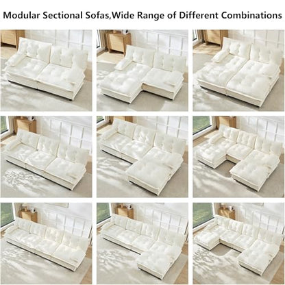 Deep Loveseat Couch with Ottomans,Modular Sectional 2 Seater Cloud Sofa with Ottoman,Tufted Chenille Double Chaise Sofas,Modern Lounger Couches for Living Room Small Spaces - color: Beige, size: 2+2
