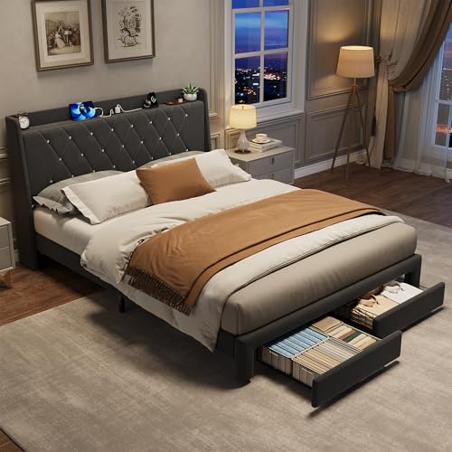 Garvee Queen Bed Frame with Storage, Velvet Upholstered Platform Bed Frame with Crystal Tufted Headboard, Charging Station, 2 Drawers, No Box Spring Needed, Noise-Free,for Bedroom, Dark Gray | Velvet Upholstered Platform Bed Frame with Crystal Tufted Head