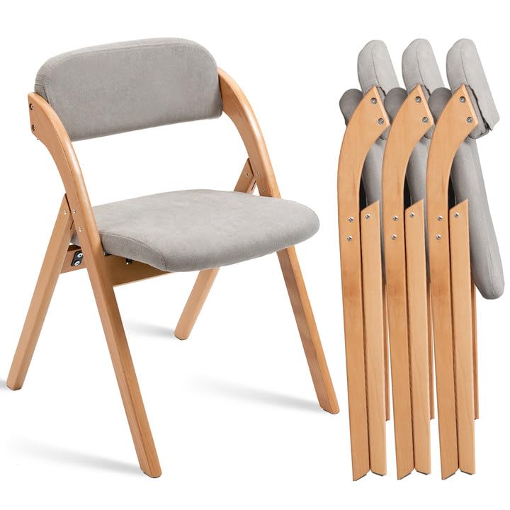 Folding Chairs with Cushion Padded Foldable Chiars 4 Pack | Wooden Dining Fold Seat with Removable Cover Extra Chair for Guests Kitchen Office Wedding Party Picnic, Grey - color: Grey, size: 4PCS