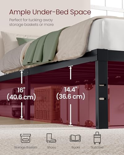 VASAGLE King Metal Bed Frame 16 Inches Tall, 1100 lb Weight Capacity, No Box Spring Needed, with Under-Bed Storage, Easy Setup, Heavy-Duty Platform Bed, Mattress Retainers, Matte Black URMB664BD02S - size: King, style: 16 Inch