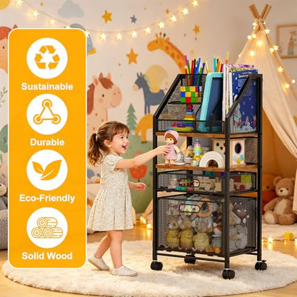 Rolling Cart with Drawers Metal Moving Craft Storage Cart with Lockable Wheels Wood&Mesh Rolling Utility Organizer Filing Cabinets for Home Office Classroom Organization(31 * 15 * 10 Inch)