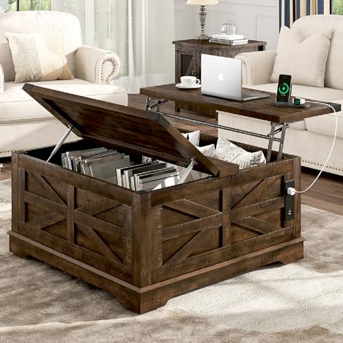 Hlivelood 36" Farmhouse Movable Lift Top Coffee Table with Storage and Power Outlets, Square Wood Living Room Tables with Wheels&Large Hidden Space, Lift Wooden Barn Door Center Table, Brown - color: Brown