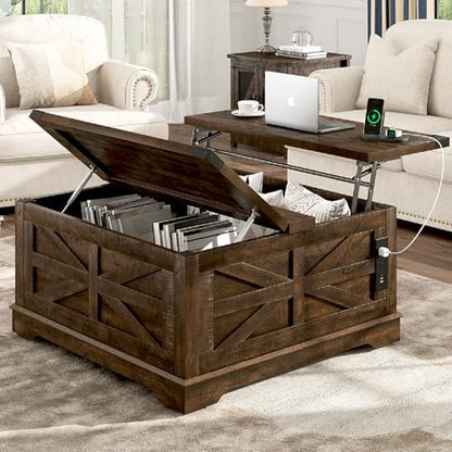 Hlivelood 36" Farmhouse Movable Lift Top Coffee Table with Storage and Power Outlets, Square Wood Living Room Tables with Wheels&Large Hidden Space, Lift Wooden Barn Door Center Table, Brown - color: Brown