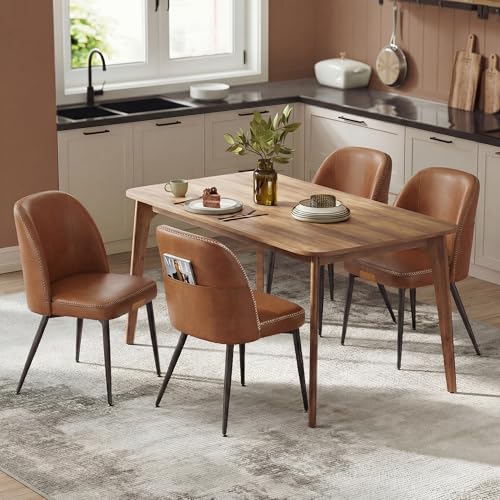 VASAGLE EKHO Collection - Dining Chairs Set of 4, Upholstered Kitchen Chairs, Comfortable Seat, Synthetic Leather with Stitching, Mid-Century Modern, Easy Assembly, with Storage Pocket, Caramel Brown - color: Caramel Brown, size: Set of 4, style: With Sto