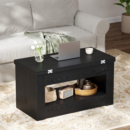 UNIQUITE 40" Lift Top Coffee Table, 4 in 1 Multi-Function Lift Coffee Tables with Storage and Hidden Compartment, Convertible Coffee Table to Dining Table for Living Room, Black - color: Black