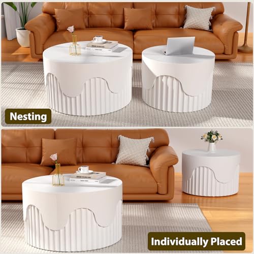 Round Nesting Coffee Table Set of 2 Modern Fluted Coffee Table | Non-Slip Pads, Stackable End Tables for Living Room, No Assembly Required, Space Saving Accent Tables for Small Spaces - color: White 26.77"dx15.35"h
