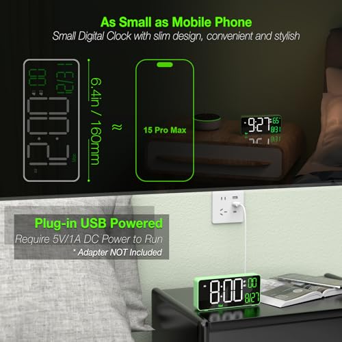 Digital Clock for Bedroom, 6.7in Desk Clock, Auto Dimming, Room Temperature, Day of The Week, Date, Seconds, Clocks for Living Room, Alarm Clocks for Bedrooms - color: Green (White + Green Digits)