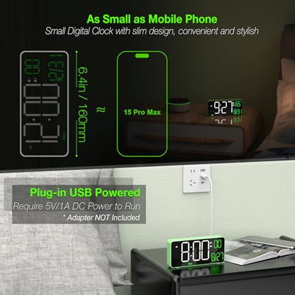 Digital Clock for Bedroom, 6.7in Desk Clock, Auto Dimming, Room Temperature, Day of The Week, Date, Seconds, Clocks for Living Room, Alarm Clocks for Bedrooms - color: Green (White + Green Digits)
