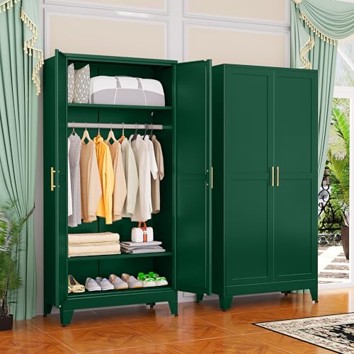 GAIOUS Metal Wardrobe Cabinet with Hanging Rod, Clothing Storage Cabinets | with 2 Doors and Adjustable Shelves, 71" Metal Green Armoire Wardrobe Closet for Bedroom, Laundry Room, Cloak Room - color: No Drawer Green, size: 17.71"D x 31.5"W x 71"H