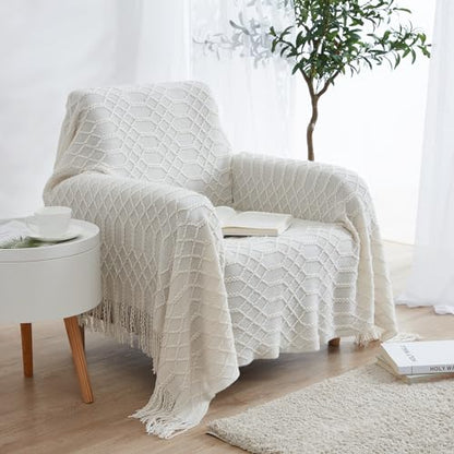 KASYLAN Acrylic Knitted Throw Blanket for Sofa Bed 50x60 Inch Off White | Ultra soft acrylic knit, lightweight warm, multi-scene for sofa couch bed, machine washable, breathable textured throw - color: Rhombu-off White