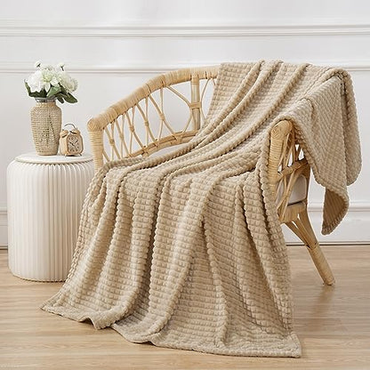 Puncuntex Fleece Throw Blanket Khaki 60"×80" with Square Grid Design | Super Soft Plush Cozy Flannel Throw Blanket Luxury for Couch Sofa Chair - color: Khaki, size: 60"×80"