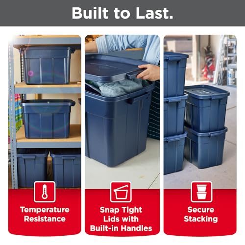 Rubbermaid Roughneck Tote 18 Gal, 6 Pack, Made in USA, Dark Indigo Metallic, Rugged Plastic Stackable Storage Bins with Lids and Handles - size: 18 Gal - 6 Pack