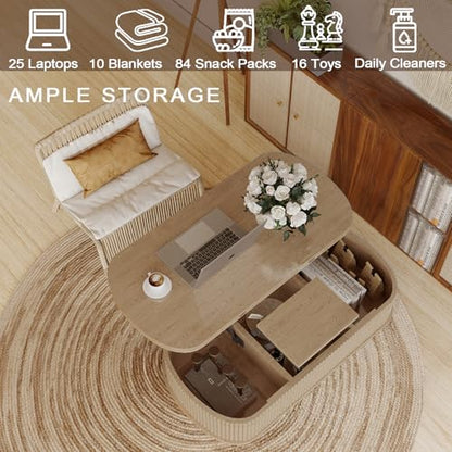 Lift Top Coffee Table with Large Storage,Lifting Converts to Dining Table,Oval Pop Up Coffee Table Fluted Wood Center Table for Living Room,Fully Assembled Space-Saving for Eating&Laptops - color: Oak Wood