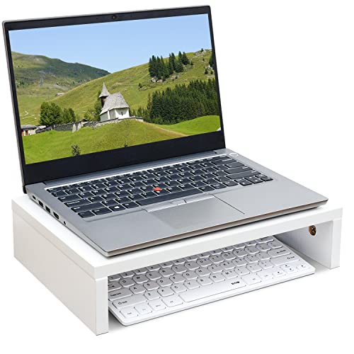 TEAMIX White Monitor Stand Riser for Desk, Small Computer/Laptop Stand Wood | 14.2"L x 9.5"W, Holds 80 lbs, Desktop Organizer Shelf, Ergonomic Morden Design, Easy Assembly, For Home Office, Gaming