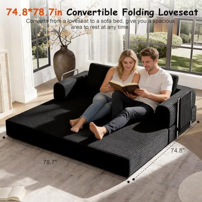78" Convertible Sofa Bed, Corduroy Pull Out Couch with Fixed Frame & Pocket | 5-in-1 Boneless Sleeper Sofa, Couch Bed with 2 Pillows, Living Room, Small Spaces, Bedroom, No Assembly - color: 78''black