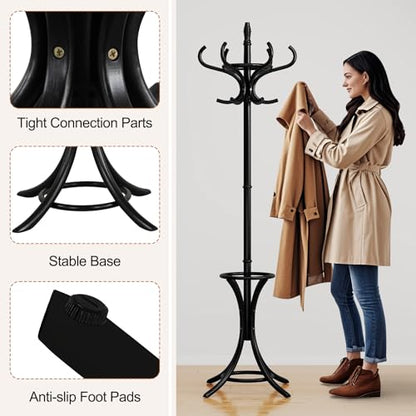 Giantex Solid Wood Coat Rack, Freestanding Hall Tree w/12 Hooks, Umbrella Holder, Entryway Hanger Stand for Coat, Hats, Scarves, Bags, Wooden Garment Rack for Bedroom, Hallway (Black) - color: Black