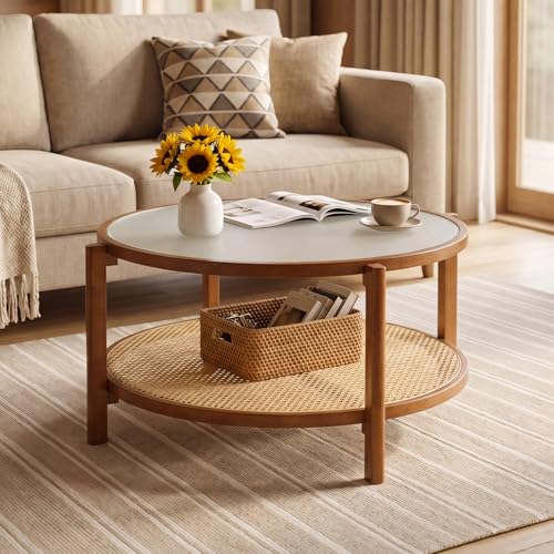 Giantex Rattan Coffee Table, 35" Farmhouse Glass Center Table with Storage, Frosted Tempered Glass Top & Solid Wood Leg, Small Accent Tea Table, Round Coffee Table for Living Room, Small Space, Walnut - color: Walnut