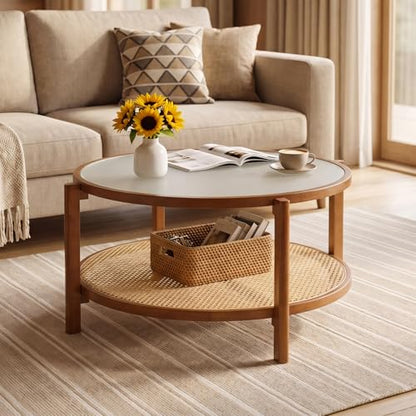 Giantex Rattan Coffee Table, 35" Farmhouse Glass Center Table with Storage, Frosted Tempered Glass Top & Solid Wood Leg, Small Accent Tea Table, Round Coffee Table for Living Room, Small Space, Walnut - color: Walnut