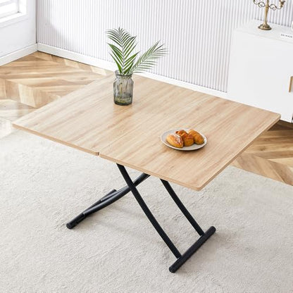 Adjustable Height Coffee Table, 4-in-1 Folding Dining Table, Oak | Convertible lift top table for use as a coffee table, dining table, home office desk or vanity - color: Oak & Black Legs
