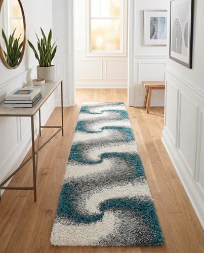 Rugs.com - Soft Touch Shag Rug – 13 Ft Runner Turquoise Shag Runner Rug – Plush Abstract Design for Hallways and Entryways - color: Turquoise, size: 2'7" x 13' (Runner)