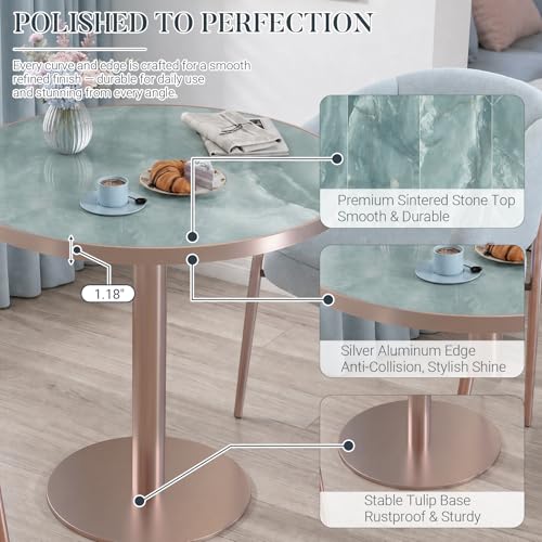 31.5'' Tulip Table, Round Dining Table with Glossy Sintered Stone Tabletop | Rose Gold Aluminum Alloy Edge & Pedestal, Small Bistro Table for Dining Room/Café/Small Spaces/Restaurant (Aqua Jade) - color: Aqua Jade (Rose Gold), size: Round