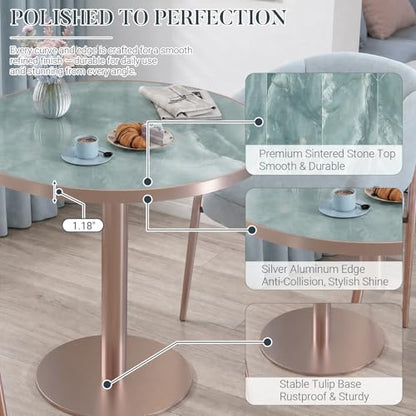 31.5'' Tulip Table, Round Dining Table with Glossy Sintered Stone Tabletop | Rose Gold Aluminum Alloy Edge & Pedestal, Small Bistro Table for Dining Room/Café/Small Spaces/Restaurant (Aqua Jade) - color: Aqua Jade (Rose Gold), size: Round