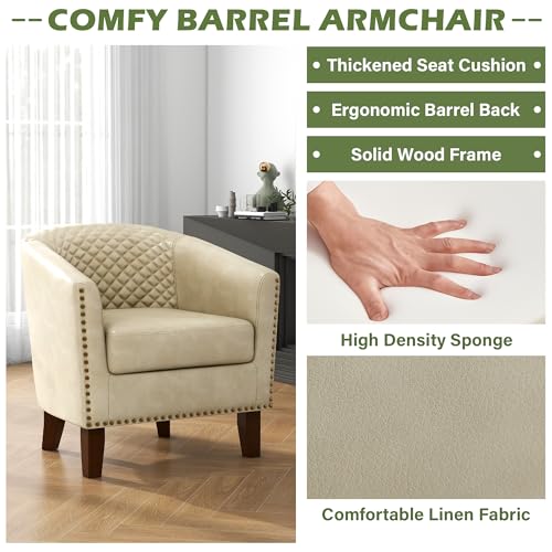 Faux Leather Accent Chair, Modern Barrel Club Chair, Beige | Comfy Upholstered Armchair for Living Room, Round Club Chair Single Sofa Bedroom Reading Seat | 26"D*29"W*29"H - color: Beige
