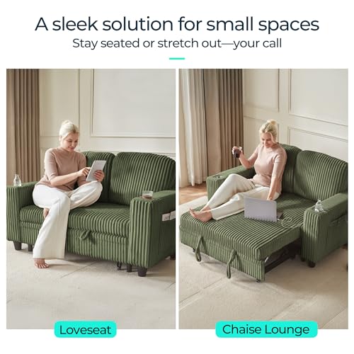 LINSY HOME Loveseat Sofa with Pull Out Couch Chaise: 2-in-1 Convertible 2 Seater Sofa with USB Charging & Cup Holders, Comfy Plush Corduroy Love Seat for Small Spaces Living Room Apartment, Green