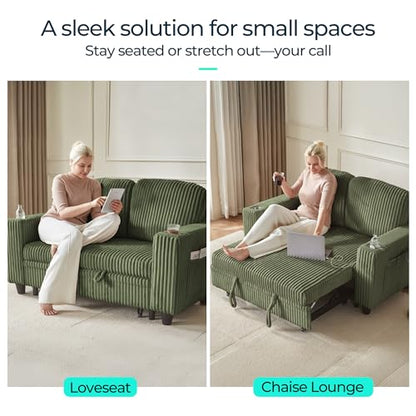LINSY HOME Loveseat Sofa with Pull Out Couch Chaise: 2-in-1 Convertible 2 Seater Sofa with USB Charging & Cup Holders, Comfy Plush Corduroy Love Seat for Small Spaces Living Room Apartment, Green