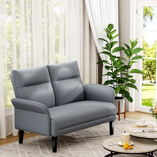 Yongchuang Small Couch 46" Grey Faux Leather Loveseat Sofa for Living Room Bedroom Love Seat Mini Couch with Arm Rest - color: Grey