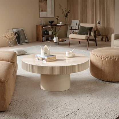 Round Drum Fluted Coffee Table (G) | Modern Wood Coffee Table with Circle Pedestal Center Tables Fluted Accent Tea Tables for Apartment Living Room - color: G