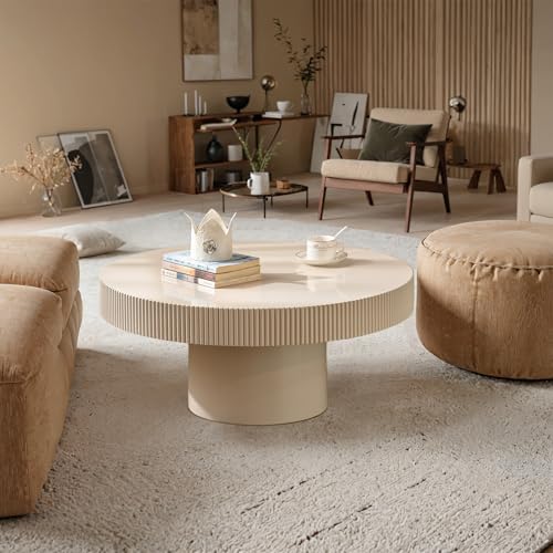 Round Drum Fluted Coffee Table (G) | Modern Wood Coffee Table with Circle Pedestal Center Tables Fluted Accent Tea Tables for Apartment Living Room - color: G