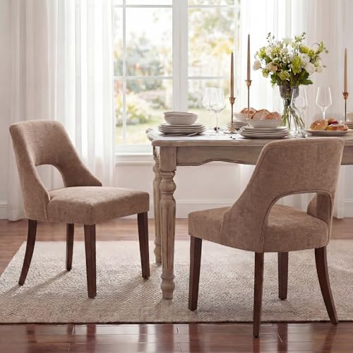 UVV Wooden Dining Chairs Set of 4, Mid Century Modern Upholstered Dining Room Chair Kitchen Chairs, Chenille Dinner Chair with Solid Wood Legs for Kitchen Dining Room, Khaki - color: Khaki, size: Set of 4