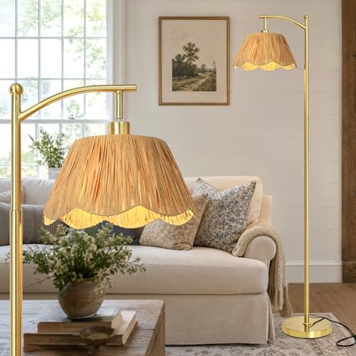 Cinyirong 62.5" Rattan Arc Floor Lamp with 3 Color Temperatures, Boho Hand Woven Shade Standing Floor Lamp, Gold Metal Base Foot Switch Farmhouse Tall Corner Reading Lamp for Living Room Bedroom - color: Gold