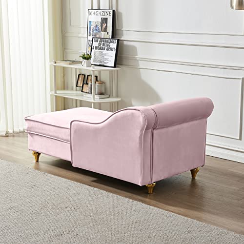 60.6" Modern Storage Chaise Lounge Indoor,Velvet Upholstery Sofa Chair with1 Toss Pillows,Upholstery Lounge Sofa with Gold Metal Legs for Small Apartment,Living Room,Office,Reception Area,Pink - color: Pink