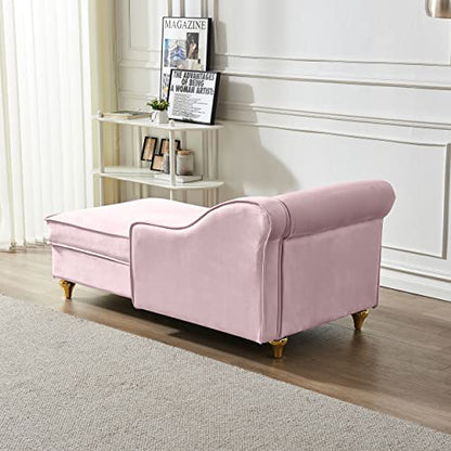 60.6" Modern Storage Chaise Lounge Indoor,Velvet Upholstery Sofa Chair with1 Toss Pillows,Upholstery Lounge Sofa with Gold Metal Legs for Small Apartment,Living Room,Office,Reception Area,Pink - color: Pink