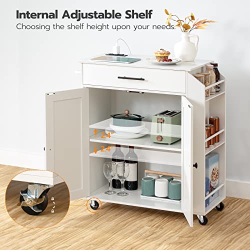 HOOBRO Kitchen Island with Power Outlet, Kitchen Storage Island with Spice Rack and Drawer, Rolling Kitchen Cart on Wheels, for Home, Kitchen and Dining Room, White WT82UZD01G1 - color: White