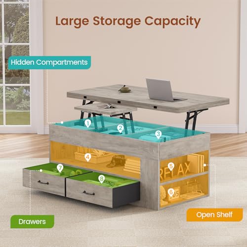 Itaar Lift Top Coffee Table, 4 in 1 Coffee Tables with Storage and Hidden Compartment, Farmhouse Coffee Table with 2 Fabric Drawers & LED Light for Living Room, Grey Oak - color: Grey Oak