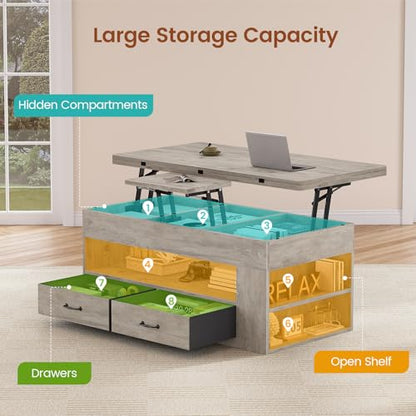 Itaar Lift Top Coffee Table, 4 in 1 Coffee Tables with Storage and Hidden Compartment, Farmhouse Coffee Table with 2 Fabric Drawers & LED Light for Living Room, Grey Oak - color: Grey Oak